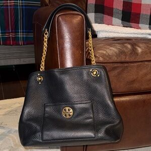 Tory Burch Black Leather Satchel Bag with Gold Accents